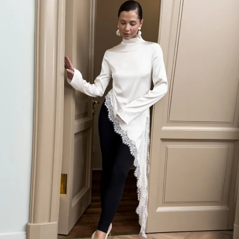 

Tuularose White Lace Tops Fashion Lace Patchwork Asymmetrical Long Sleeve Top Casual High-Street Summer Resort New Women's Top