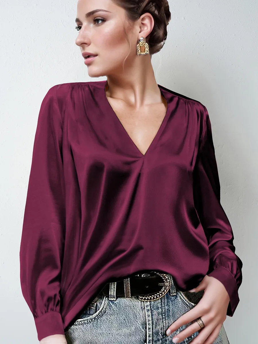 

2025 New Women's Fashion style Satin pleated long sleeved top V-neck casual loose color commuting shirt