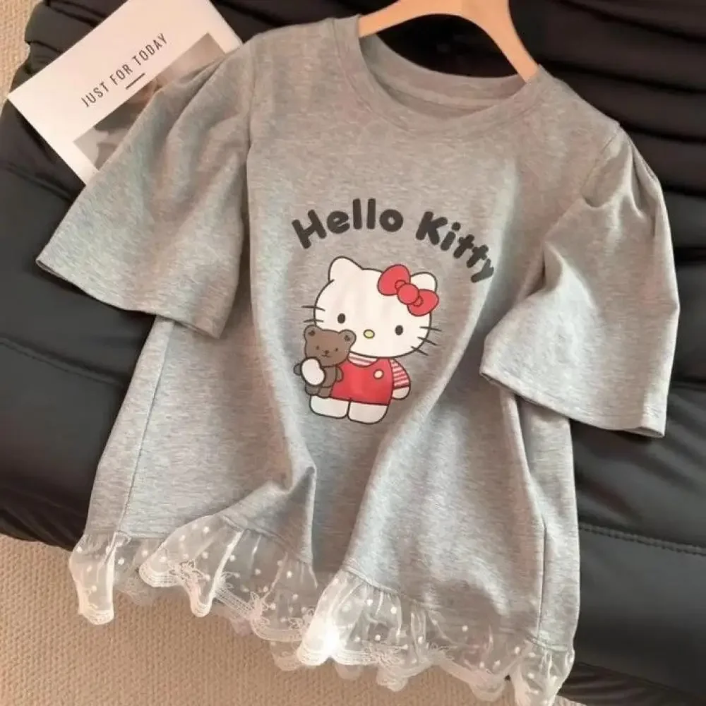

Anime Hello Kitty Lace Edge Splicing Short Sleeve Girls Cute T-Shirt Sanrioed Women Summer Cotton Tops Printing Kawaii Tops