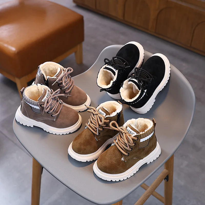 

2025 Winter New Children's Shoes Warm Girls' Thick Anti slip Cotton Boots Boys' Front Strap Side Zipper Fashion Boots