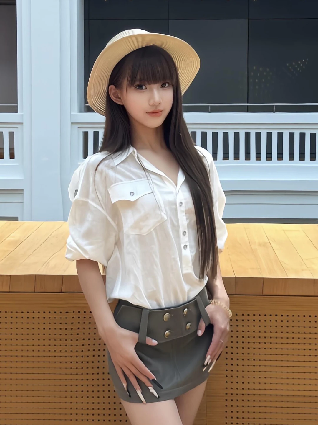 

Comfortable Adjustable Sleeve Shirt Women's Spring Fashion Set Military Green High Waist Skirt Casual Style Polyester Fiber