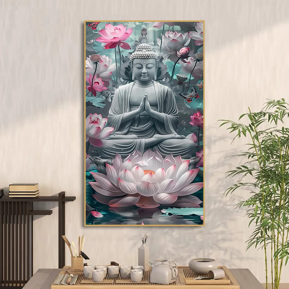 Buddha And Lotus Art Poster Blue Canvas Wall Art Picture Print Painting Low-Key Luxury Home Decor Living Room Decor No Frame