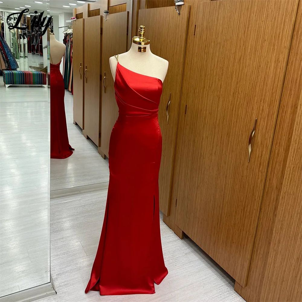 Lily Simple Red فساتين السهر One Shoulder Mermaid Prom Dresses Fashion Sexy Open Back Evening Dresses Slim Fit Satin Party Dress