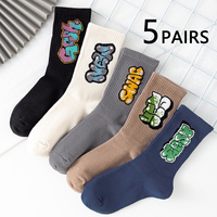 5 Pairs Men's Multicolour Crew Socks, Graffiti Lettering, Street Style, Unique, Comfortable, Breathable, Moisture-Wicking