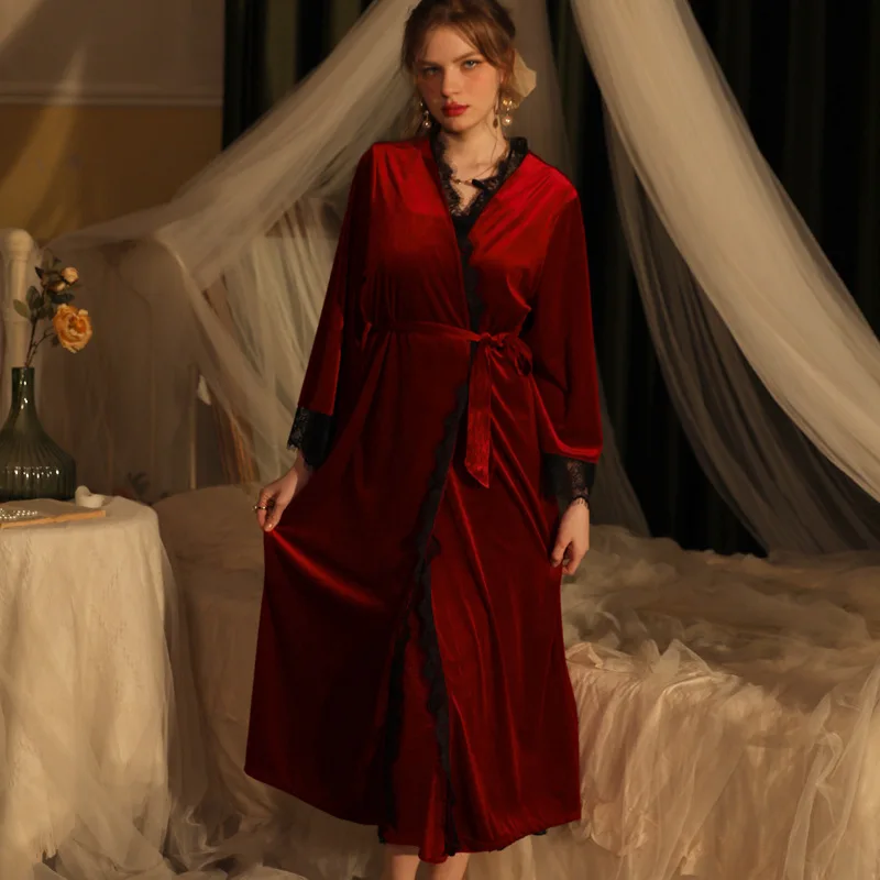 Nightgown Loose Velvet Robe Suit High Split Lace Trim nightdress Sexy Sleeveless Women New Warm Velour Kimono Long Bathrobe