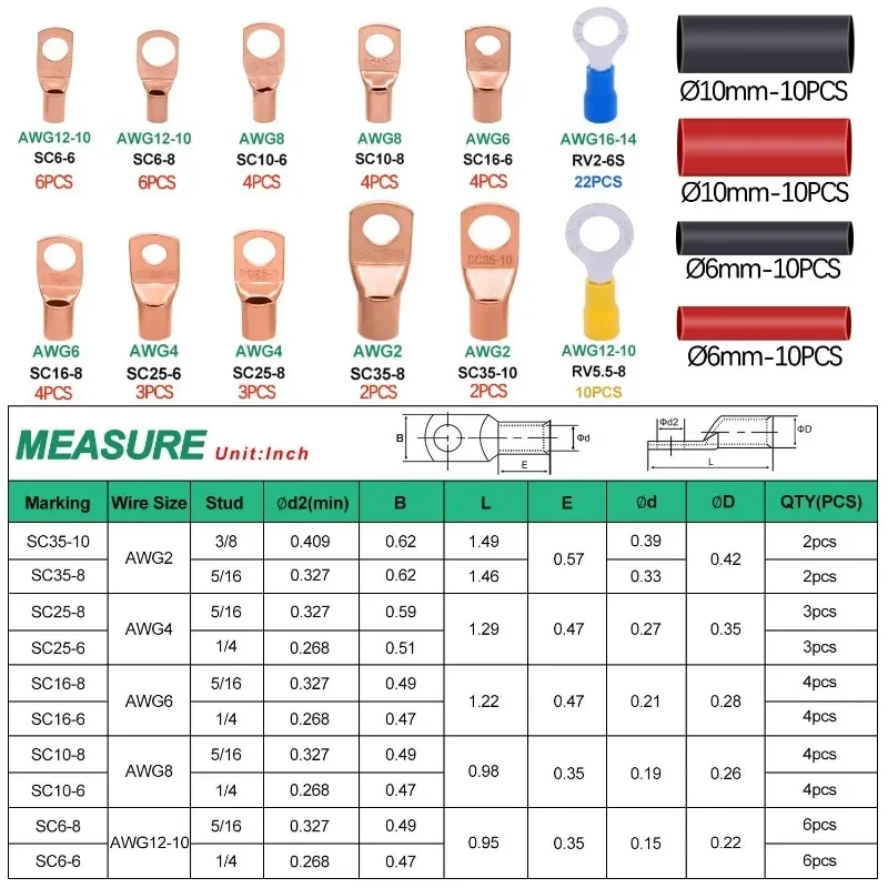 110pcs Copper Terminal Connectors AWG 2 4 6 8 10 12 14 16 Gauge Ring Lug Kit with Heat Shrink Tubing Battery Cable Lugs