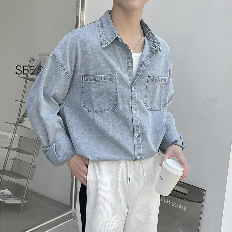 

Loose Casual Men's Denim irt Autumn Faion Chic Workwear Jaet Hip Hop Sle Long Sve Square Collar No Brand