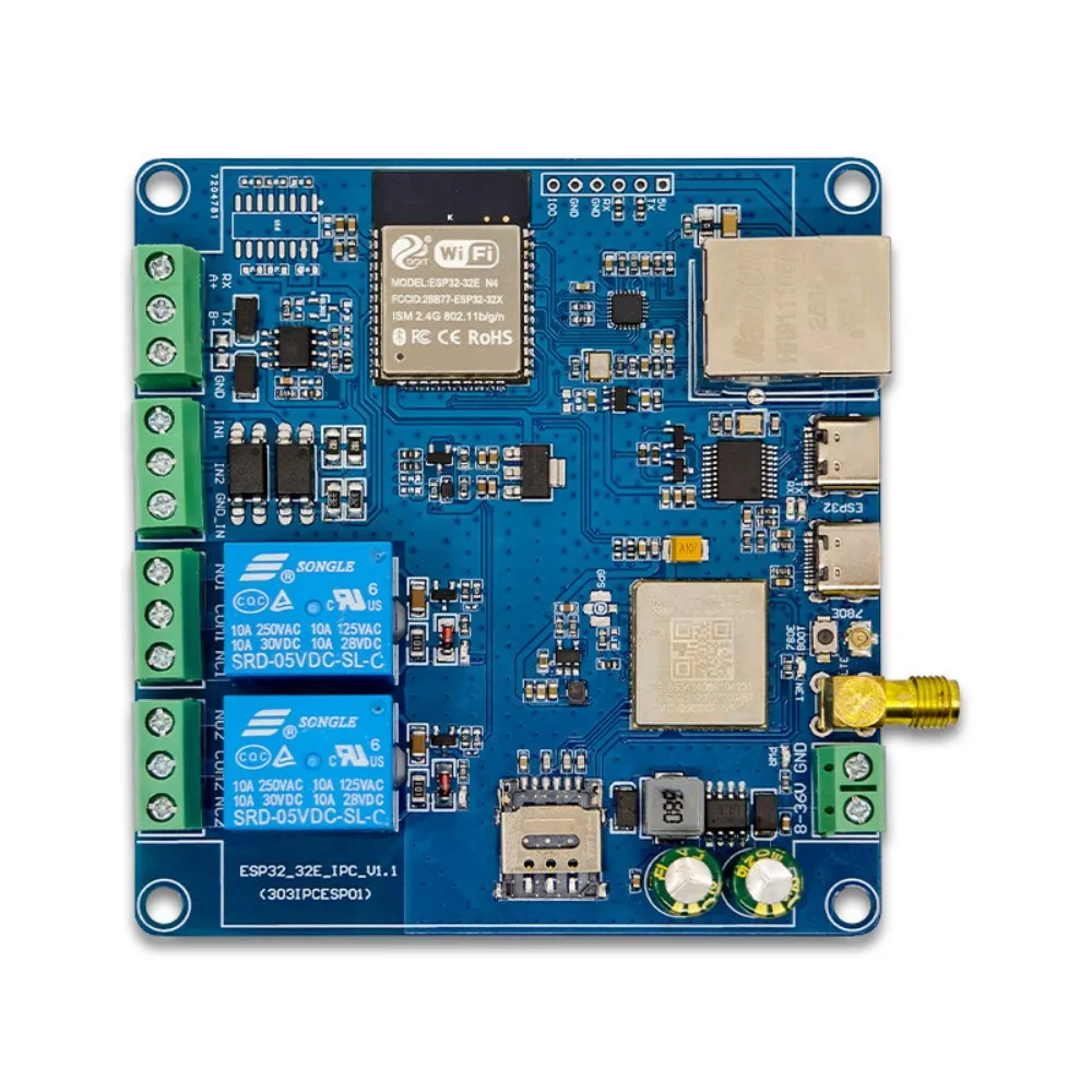 ESP32 Industrial Controller Edge Computing Ethernet WiFi BT 4G CAT.1 RS485 RS232 2DI 2DO Relay CH340 Type-C/DC8-36V Power Supply