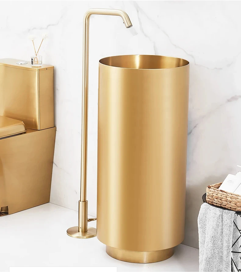 

304 stainless steel round column basin; gold and silver black floor drain sink; Standing wash basin next to the bathroom