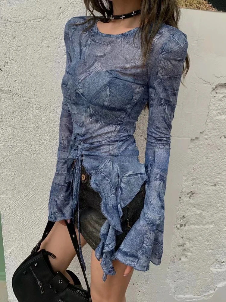 

Sexy Y2k Aesthetic Vintage Printing Blouse Slim Streetwear Bandage Harajuku Shirts Women Fashion Hollow Out Grunge Trendy Tops