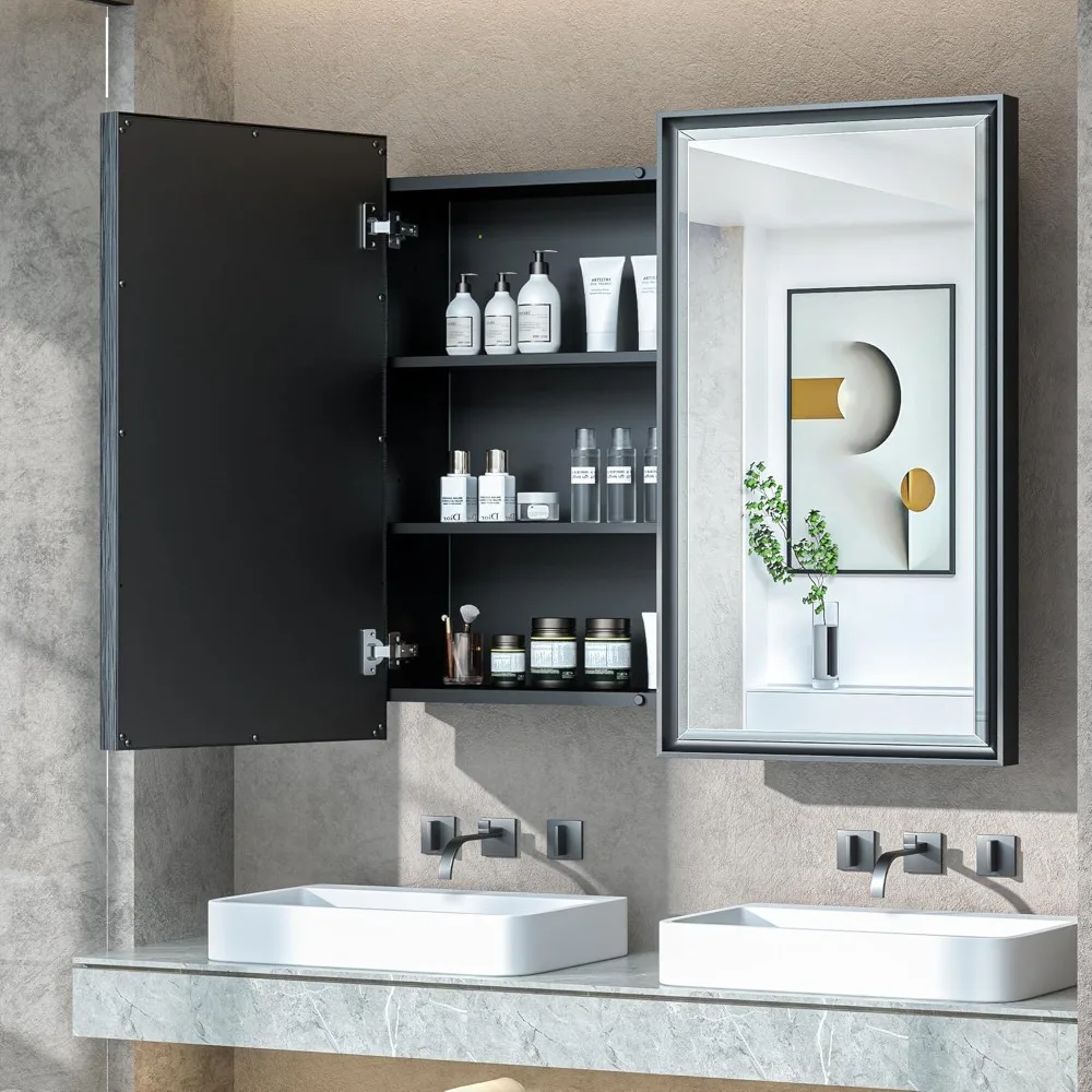 Bathroom Cabinet with Mirrors & Aluminum 2 Door, Beveled Mirror, 36x32 IN Wall Mounted Metal Bathroom Cabinet Mirror