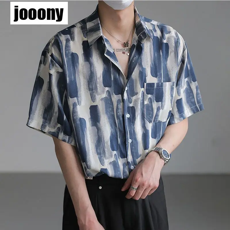 

2024 Men Harajuku Graphic Printed Loose Shirts Summer New Casual Mens Short Sleeve Shirt Turn-down Collar Buttoned Cardigan Tops