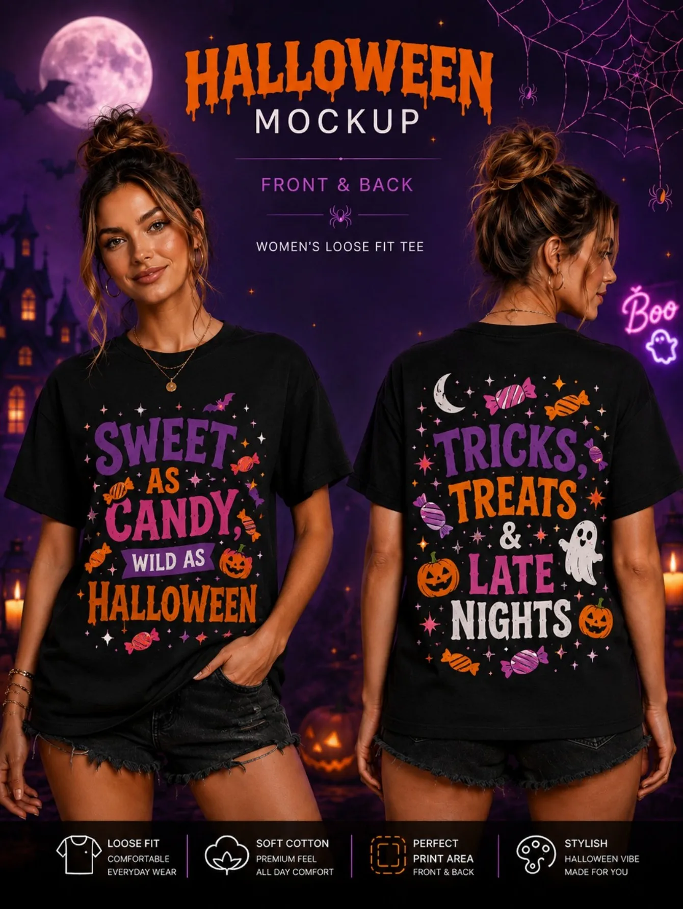 Women's Halloween Ghost Love Moon Bat Spider Web Pumpkin Printed Loose Short Sleeved T-shirt with Front and Rear Pattern Design
