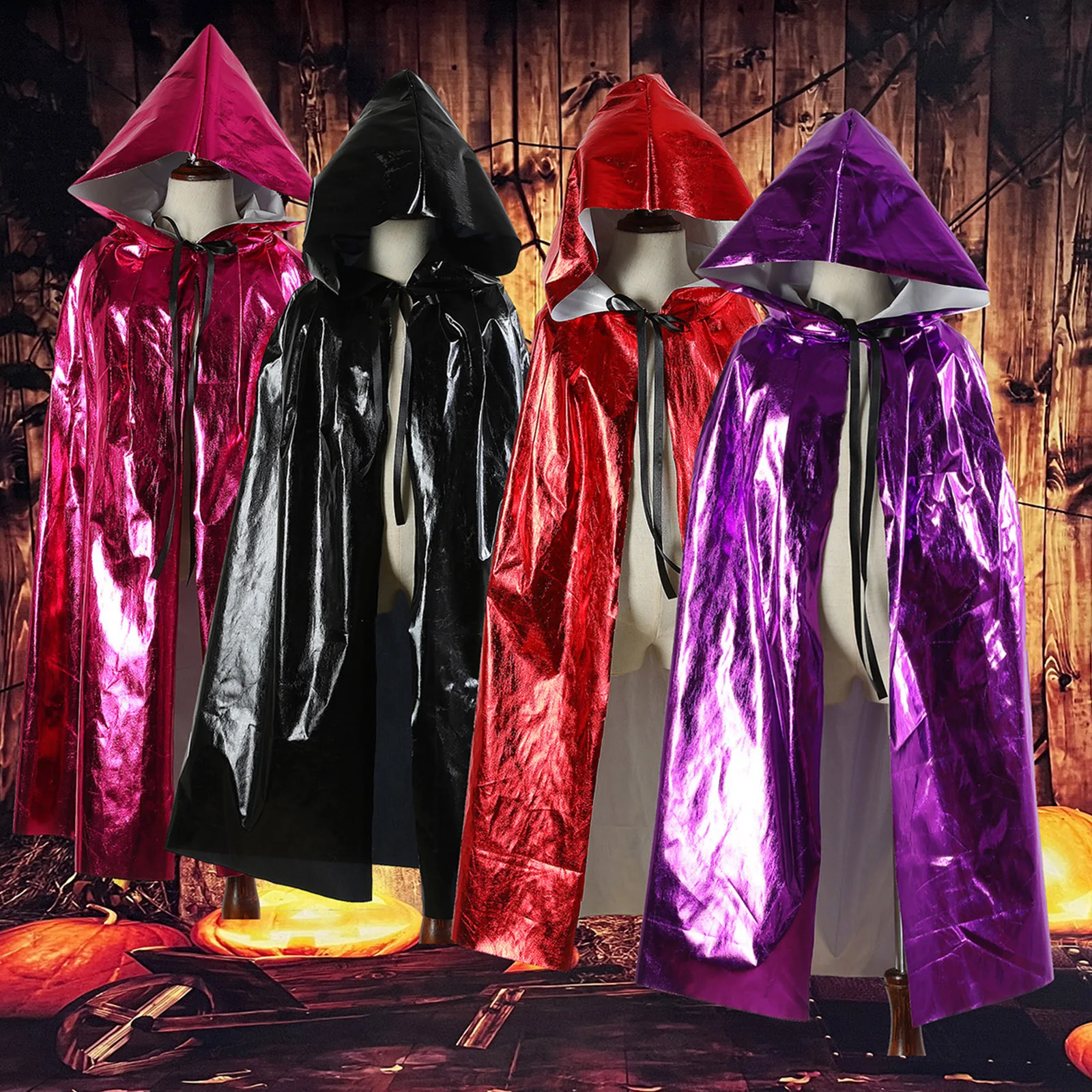 

Halloween Long Witch Wizard Cloak Shiny Metallic Hooded Cape Shawl Witch Vampire Devil Cosplay Cloak Halloween Long Robe Costume