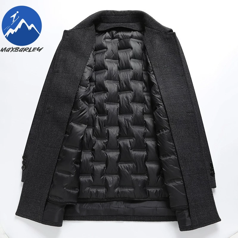 Maxbarley Winter Down Coat Lightw Luxurious Detachable Lining Working Cold Proof Overcoat Mens Mid Length Warm Woolen Trench