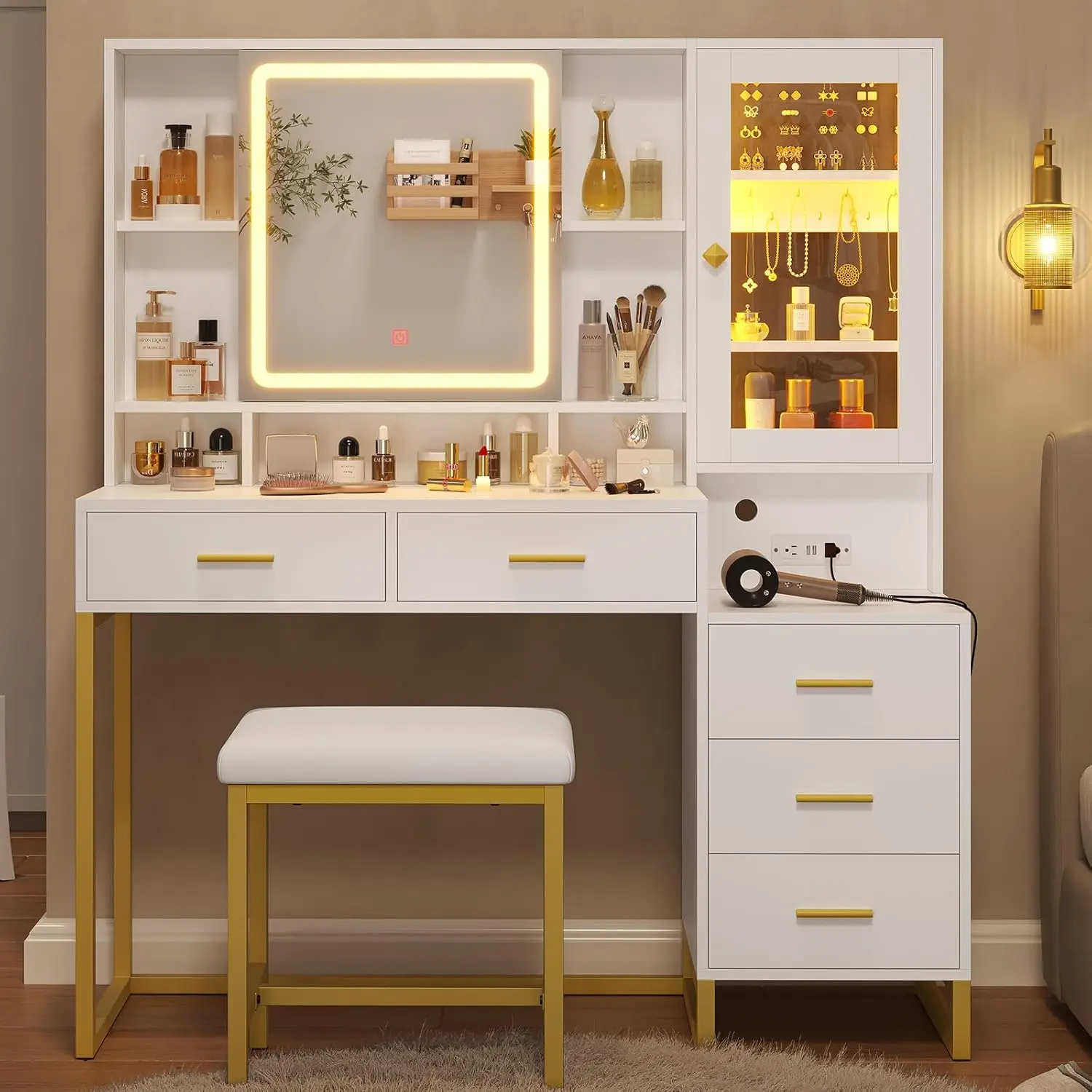 Makeup Vanity with Upholstered Stool & Charging Station, Vanity Desk with Mirror and Lights, Vanity Table Set with, Customized
