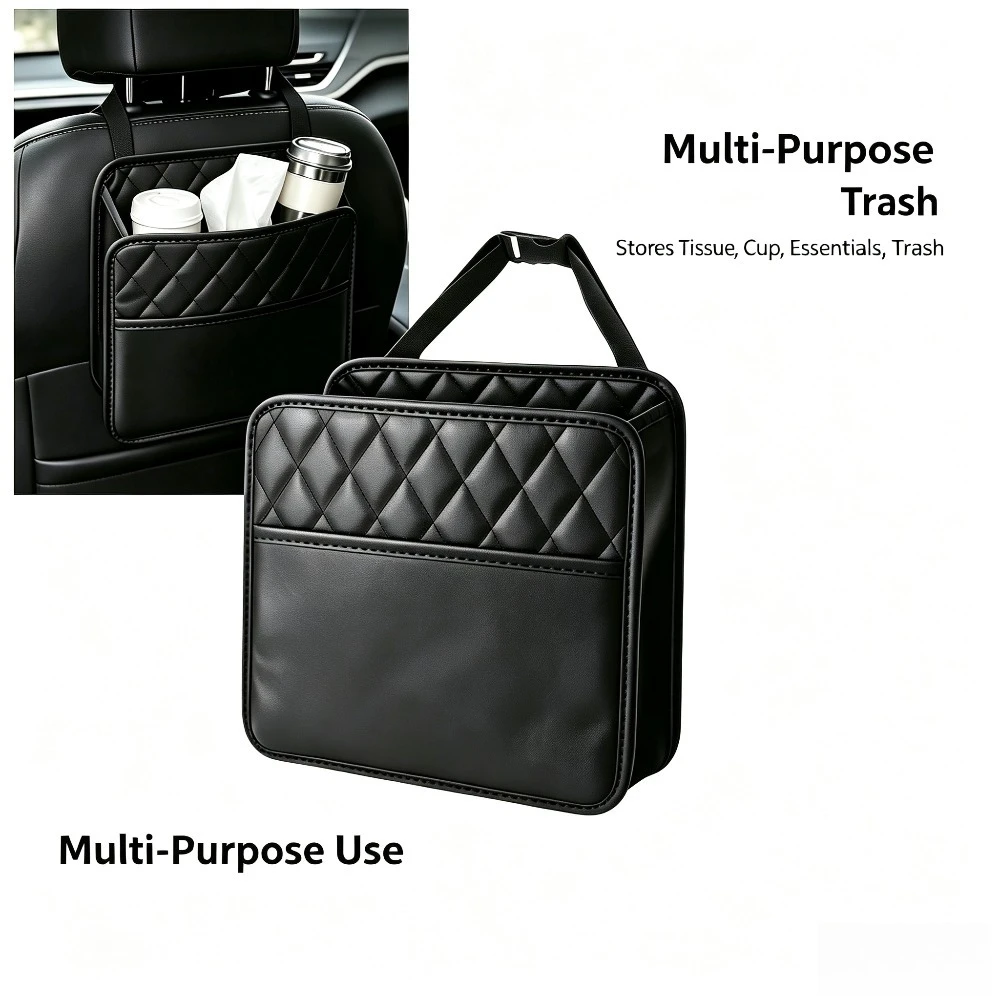 Organizador de Armazenamento Universal para Banco de Carro em Couro PU Impermeável, Design com Múltiplos Bolsos Equipado com Suporte para Lenços, Copos e Lixo