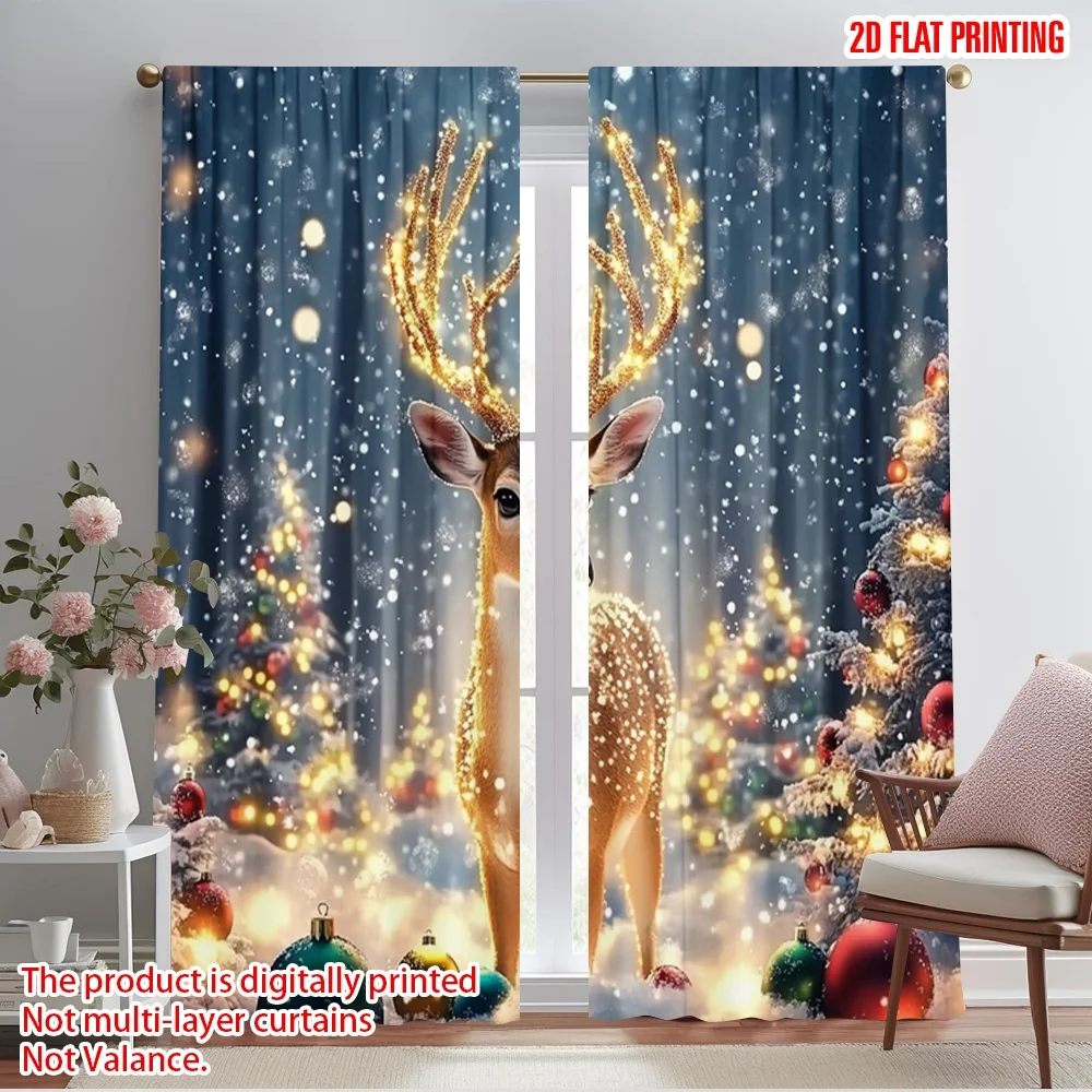 2pcs,2D plane printing Window Curtain Magical Christmas Reindeer Forest Lights Polyester Fabric (without rod) Art Deco Festive