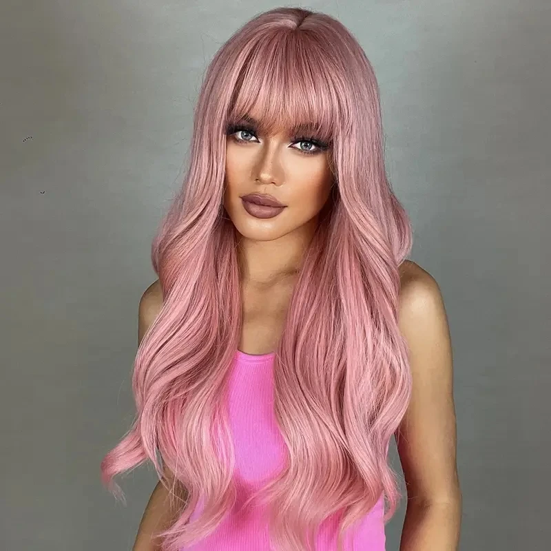 HAIRCUBE 28 Inch Pink Gradients Wavy Hair With Bangs Gorgeous Beautiful Party Stylish Synthetic Wigs For Women