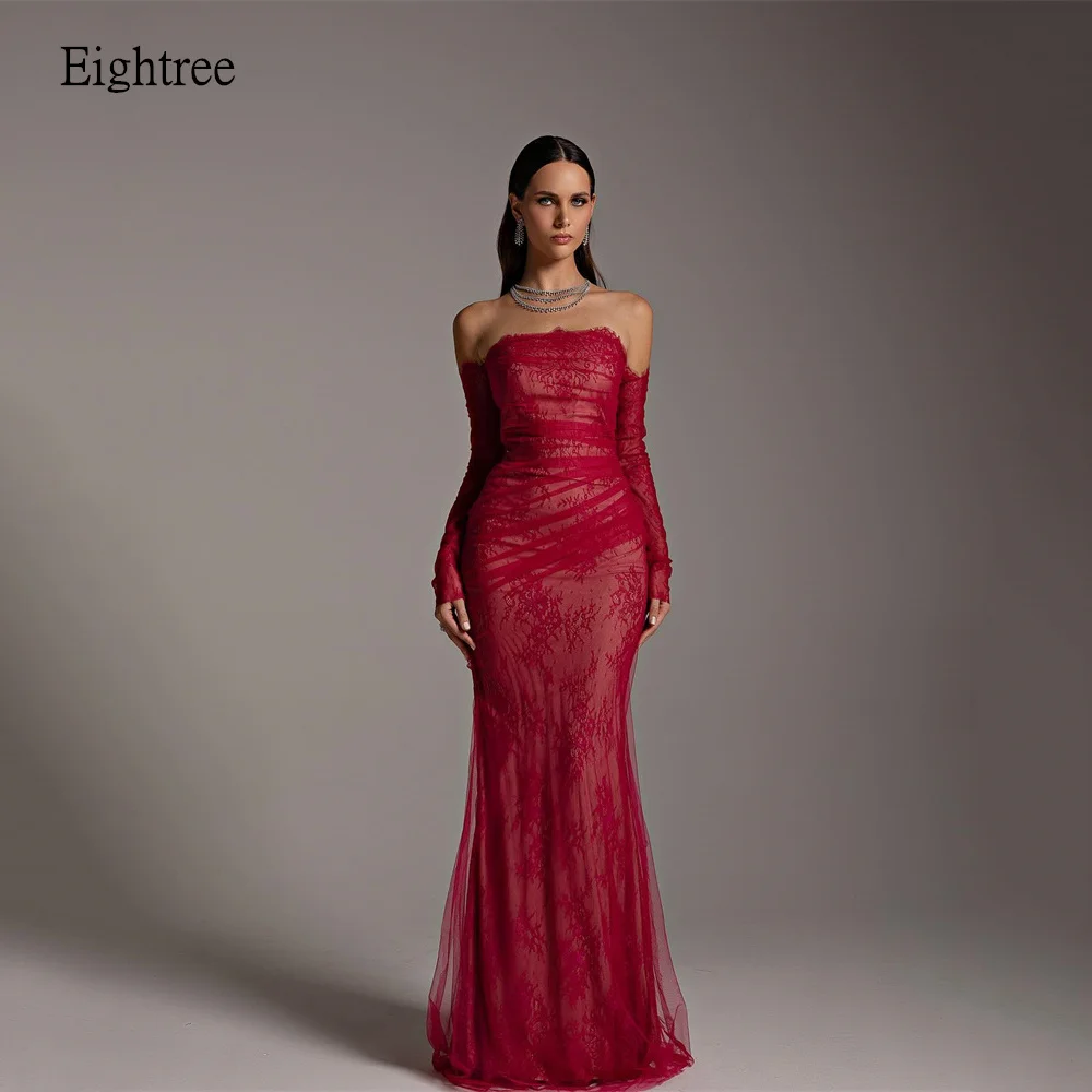 

Eightree Red Mermaid Prom Gowns Long Sleeves Formal Party Gown Lace Floor Length Evening Dress vestidos de fiesta Customized