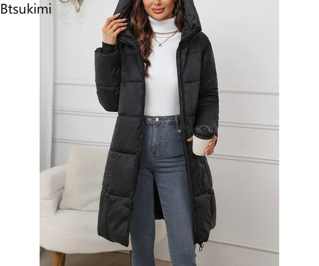 Women's Long Parkas  2025 New Hooded Loose Solid Color Overcoat Women Cotton Jacket Mid-Length Slim Fit Thick Warm Padded Coats