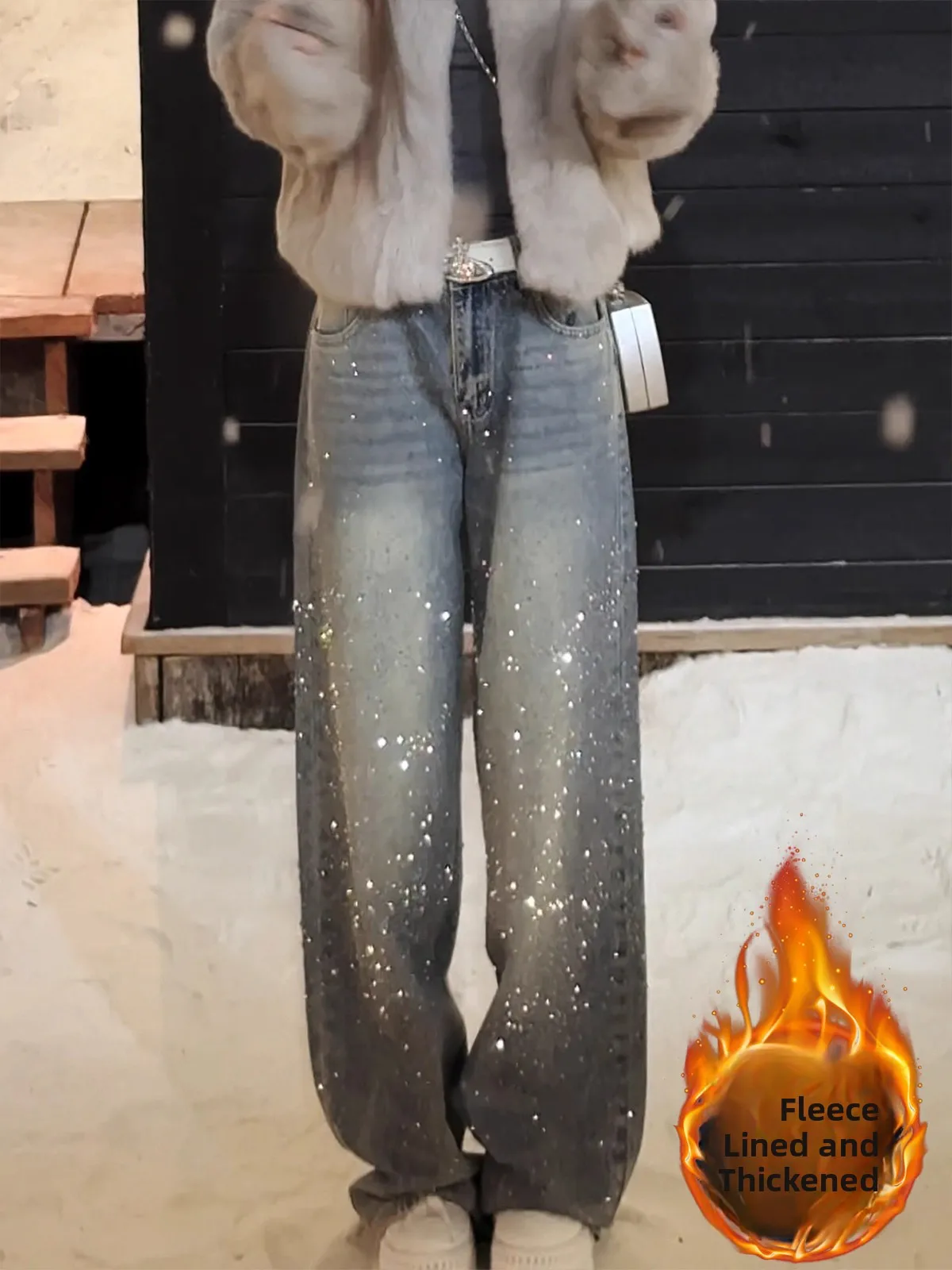 

Синие винтажные широкие джинсы Fce, женские зимние брюки с высокой талией, прямой крой, длиной до пола, блестящие бриллианты, женская мода