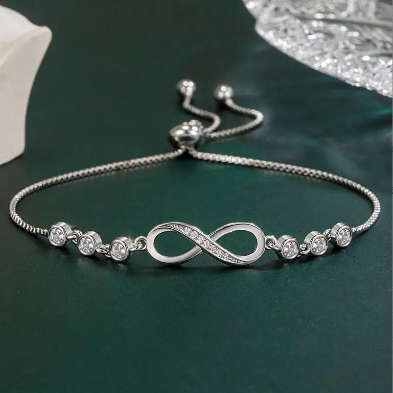 925 Sterling Silver Crystal Infinity 8 Pendant Bracelets Women Endless Love Shiny Rhinestone Gemstone Hand Chain Shine Jewelry