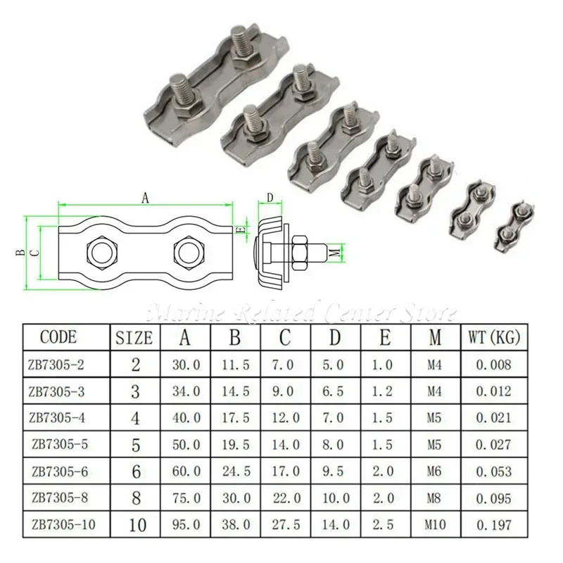 Duplex Clips 304 Stainless Steel Wire Cable Rope Grips Clamps Caliper Bolt Clip Rope Grip Anti-Slip Fixing Rigging for Marine