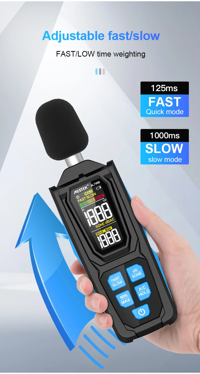 SL750B Digitales Schallpegelmessgerät 30–130 dB A/C gewichtetes professionelles Sonometer Lärmtester Lärm Dezibel-Messgerät – Detail 7