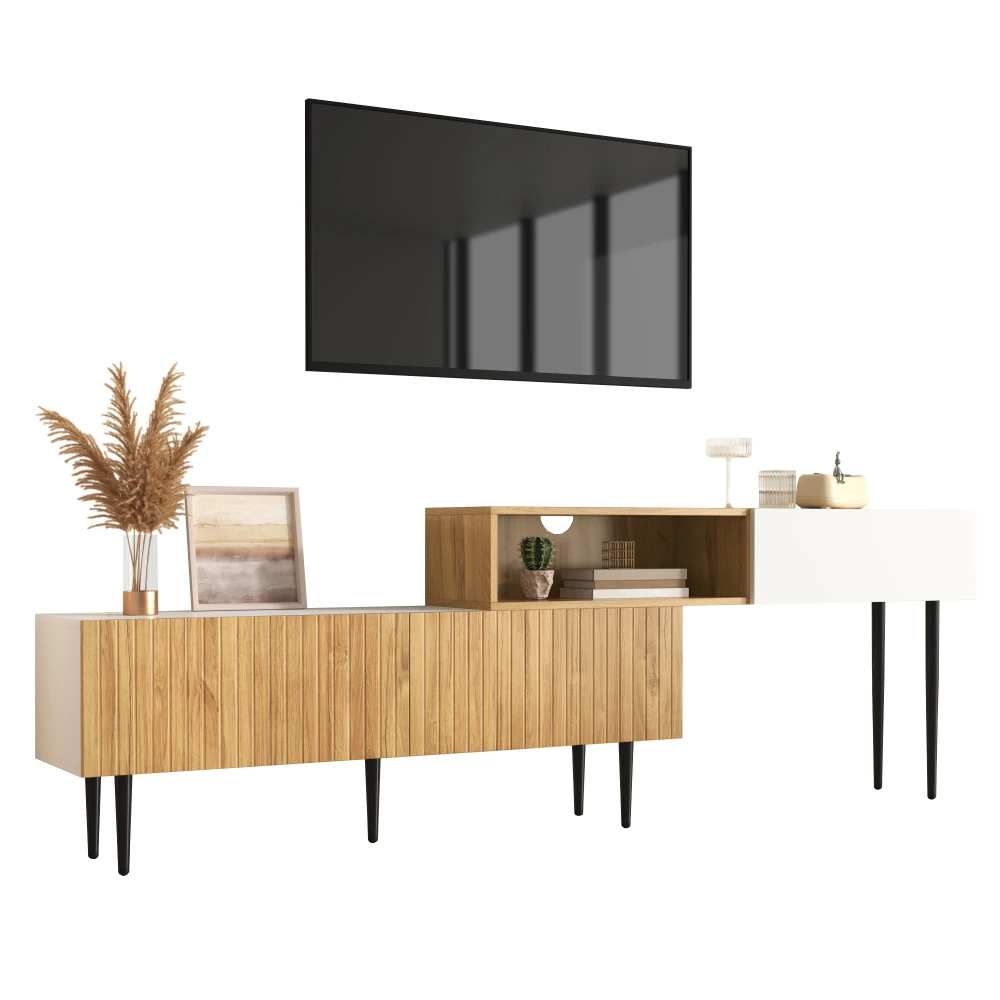 Moderner TV-Schrank mit verstellbarer Länge, Holzoptik + weiß matt, schwarze Metallbeine, multifunktionale Wohnzimmermöbel – Detail 8