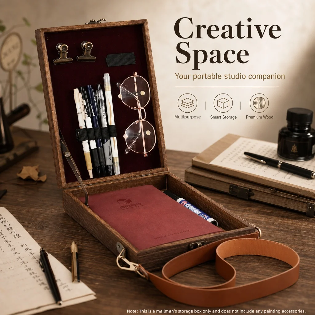 Retro Nostalgic Portable Wooden Storage Box Writer's Wood Bag Messenger Sketching Tool Outdoor Bag