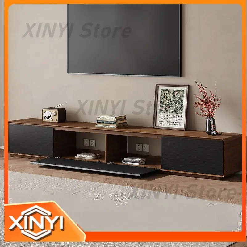 TV Stand and Coffee Table Set for Small Living Room Modern Minimalist Walnut Wood TV Cabinet with Backdrop Wall Design