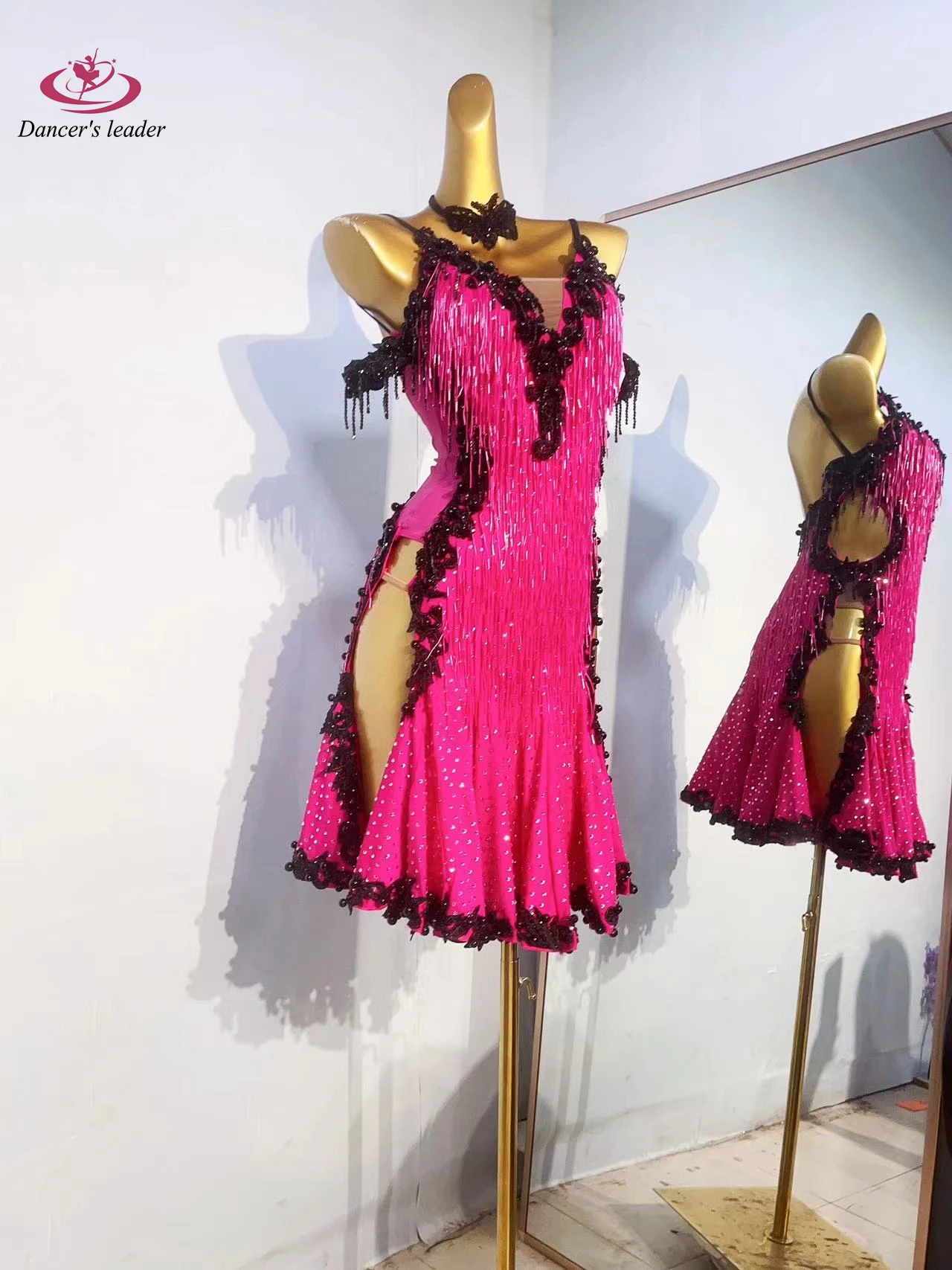 ラテンダンスインターナショナルステージ女性のハイエンドカスタムブラックレースサンバラインストーンパフォーマンスコスチュームドレス