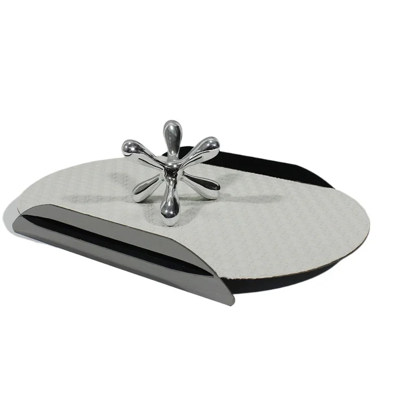 Modern simple and creative light luxury embossed leather metal tray, model room living room dining room coffee