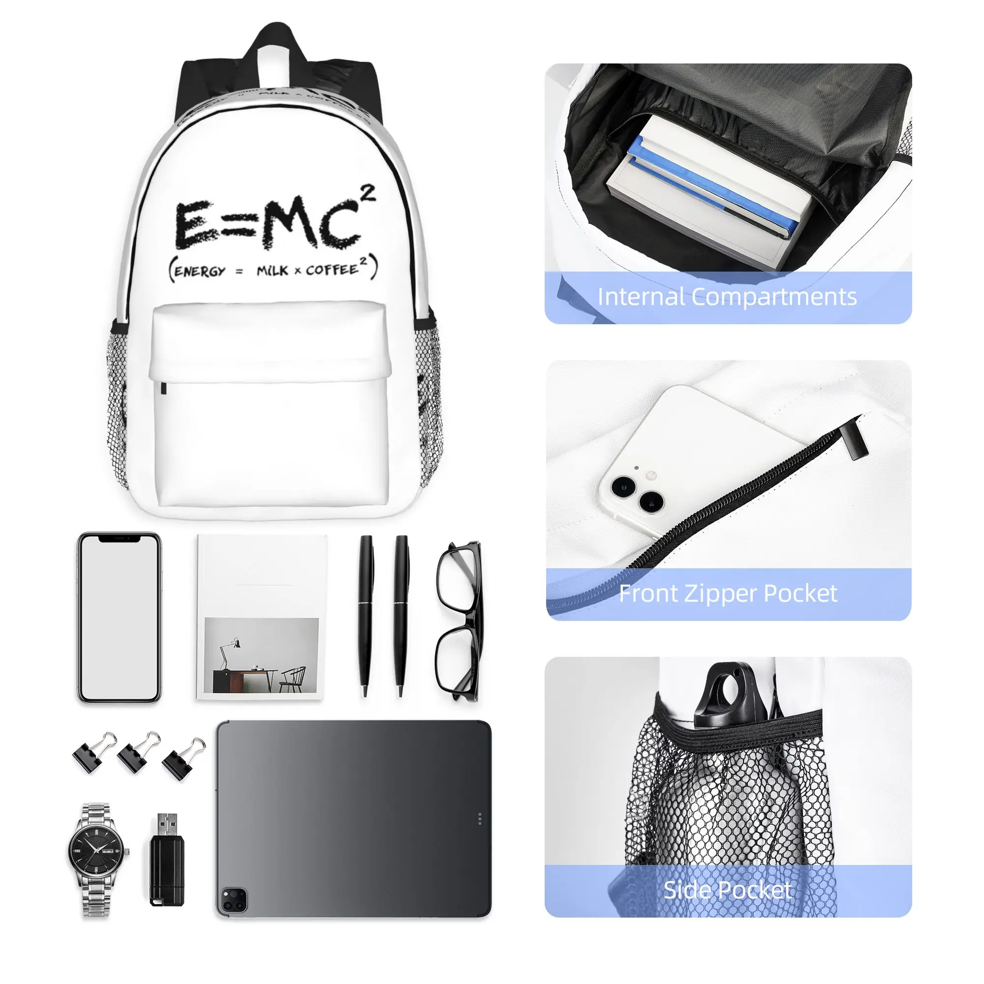 Science E = MC2 Energy milk Coffee Physics Math Backpack Hot Sale Daypack Boy Girl BookBag Shoulder Bag for Men Women School Bag