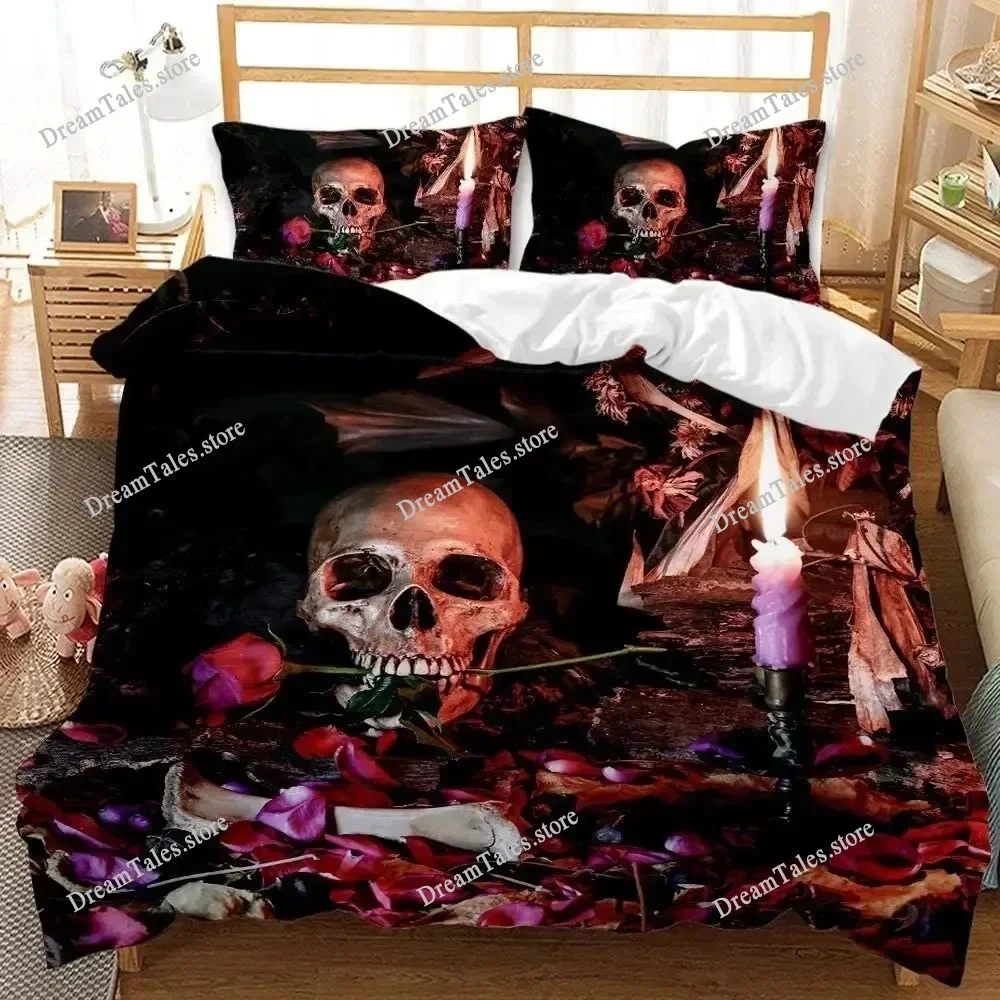 3D Sugar Skull Comforter Cover Set Twin Size Flowers Print Bedding Set Black Microfiber Polyester Duvet Cover Set