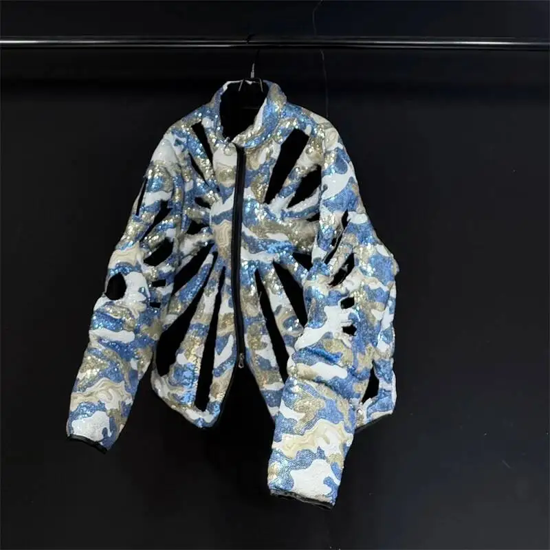 Sequins Embroidered Zipper Padded Jacket Men Stand Collar Hollow Out Loose Coat Retro Animal Print Streetwear MLI98