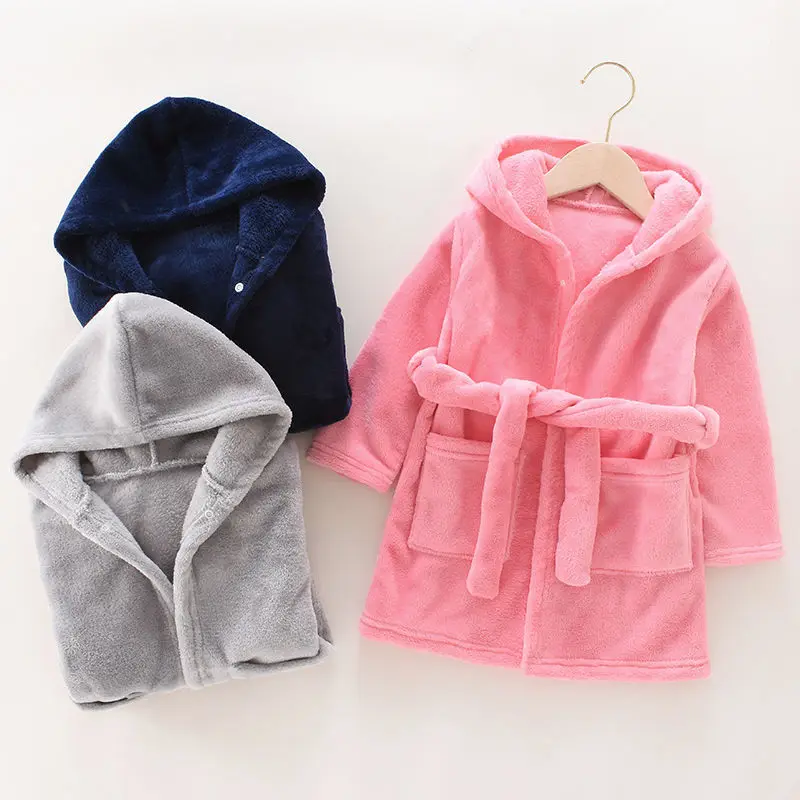 Medium Children Hooded Coral Fleece Bathrobe Pajamas Flannel Long Nightgown Homewear