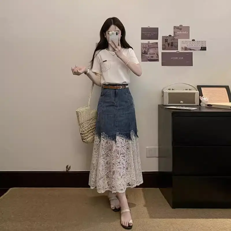 Summer Outfit Set 2026 New Korean Style Simple Short Sleeve T-Shirt Denim Lace Half Skirt Two-Piece Set High Waist Casual Wear