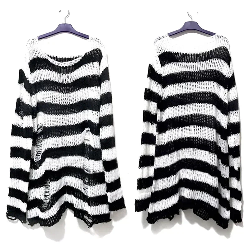 Autumn Women Punk Gothic Long Unisex  Sweater Striped Cool Hollow Out Hole Broken Jumper Loose Rock Thin Dark Streetwear Top