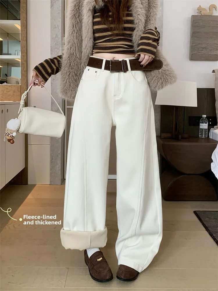 

Утепленные джинсы с флисовой подкладкой, широкие, с высокой талией, прямого кроя, весенние женские джинсовые брюки в пол, теплые, расклешенные