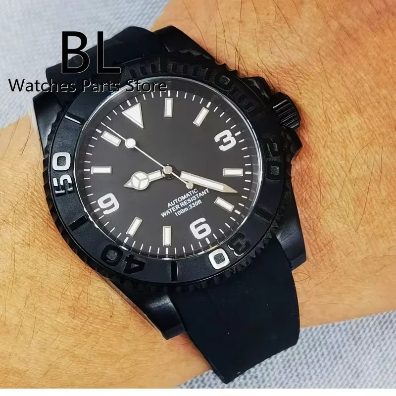 

BLIGER 40mm Full Black PVD Watch For Men Sapphire Glass Black Dial No Date Green Second Hand Luminous Waterproof Adjusted Buckle