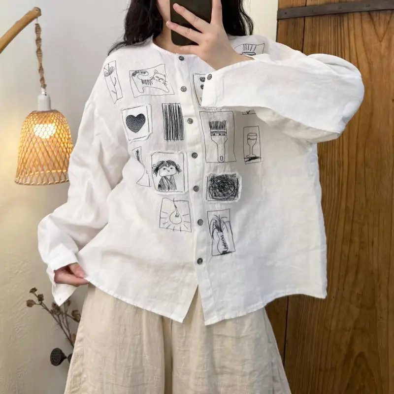 

Осенняя женская свободная повседневная блузка с длинным рукавом и круглым вырезом в стиле искусства, хлопково-льняная рубашка высшего качества с винтажной вышивкой, однобортная рубашка