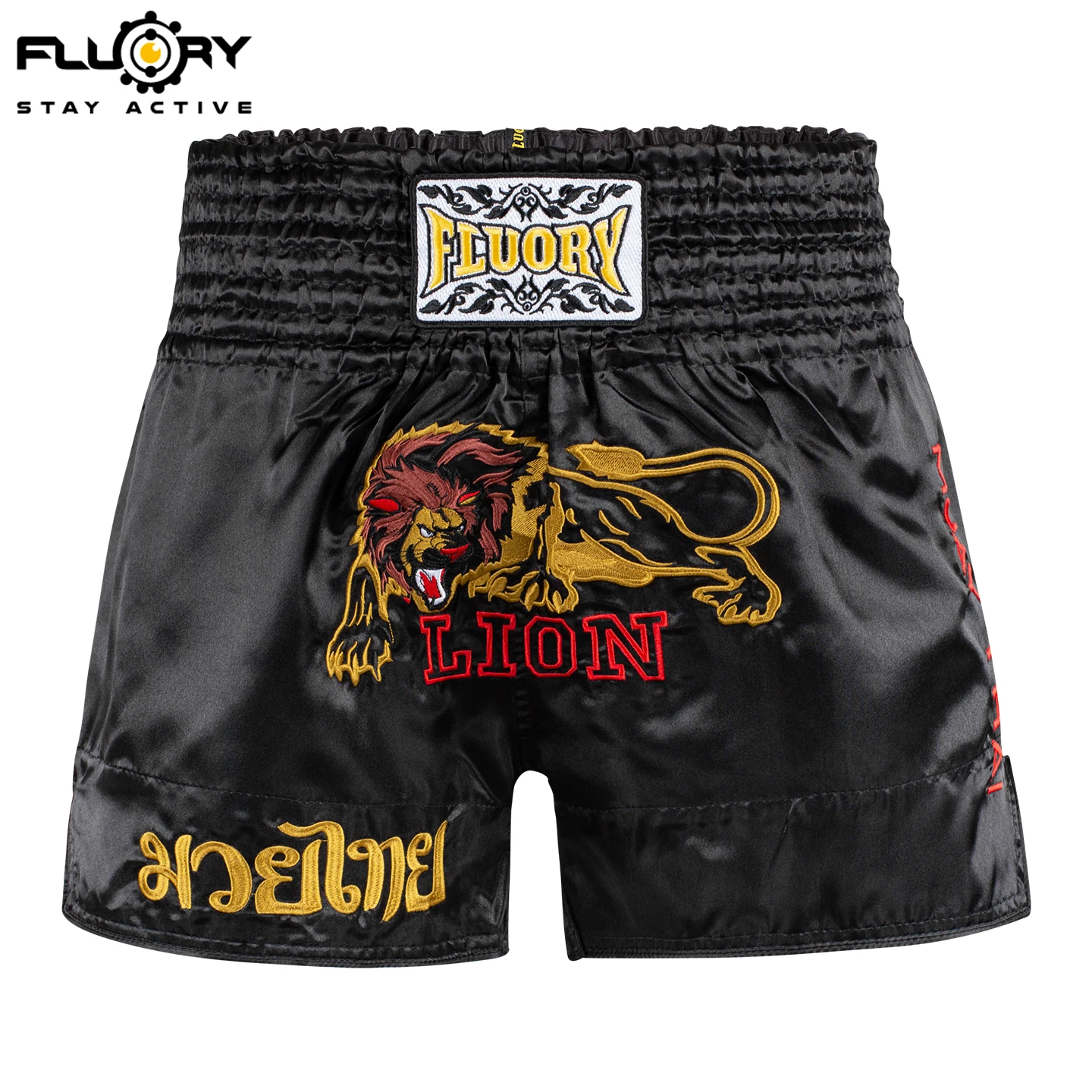 FLUORY Lion Four-Color Embroidery Muay Thai Shorts, Fighting Fitness Martial Arts Boxing MMA Training Shorts, Muay Thai Shorts