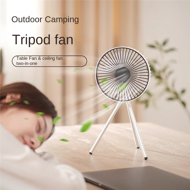 Portable Camping Fan Rechargeable Multi Mini Fan USB Outdoor Camping Ceiling Fan Light Tripod Stand Desktop Fan Gray