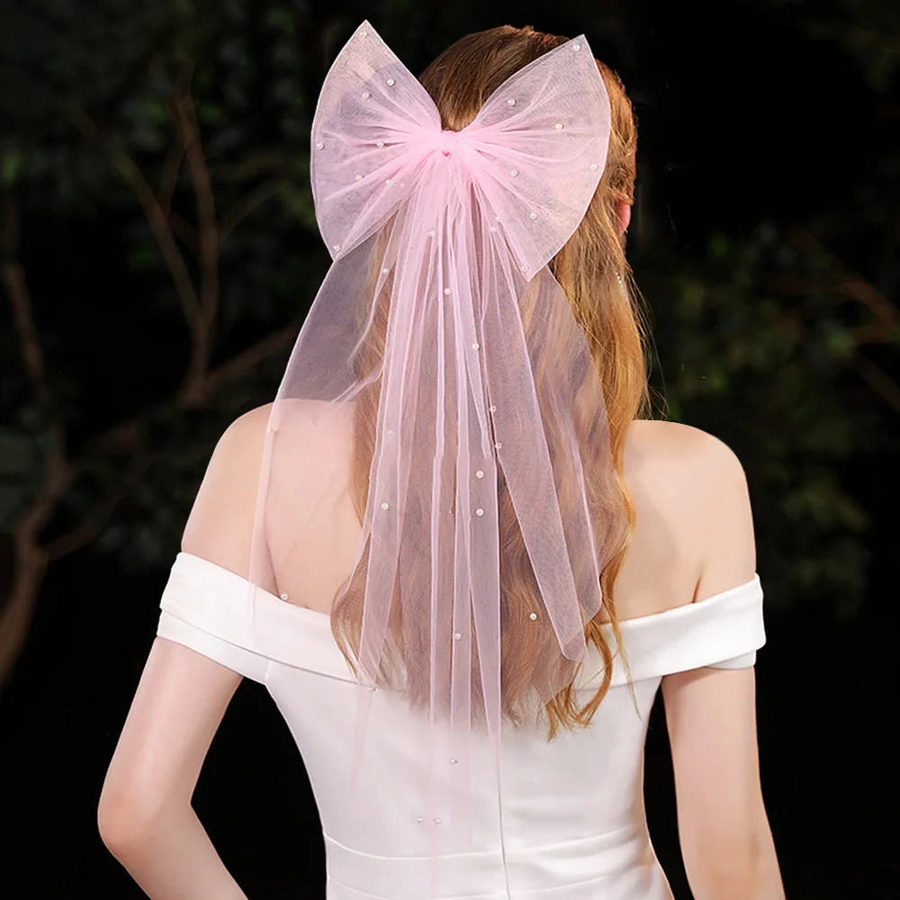 Белые свадебные головные уборы, тюлевой бант с жемчугом, украшение для вечеринки, сетчатый бант, заколки для волос, аксессуары, подарок, фата