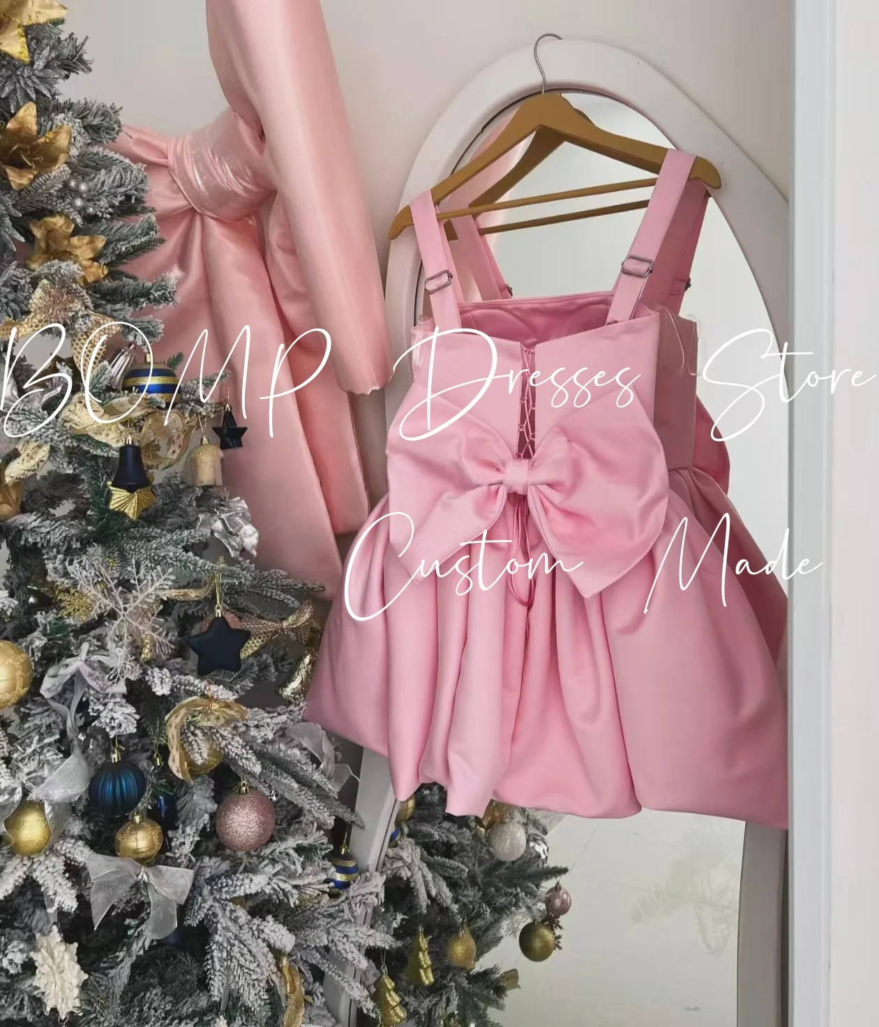 

BOMP Lovely Pink Satin Birthday Party Dress Sapghetti Straps Bow Draped A-Line Short Prom Gown Customized 2025 Robe de cérémonie