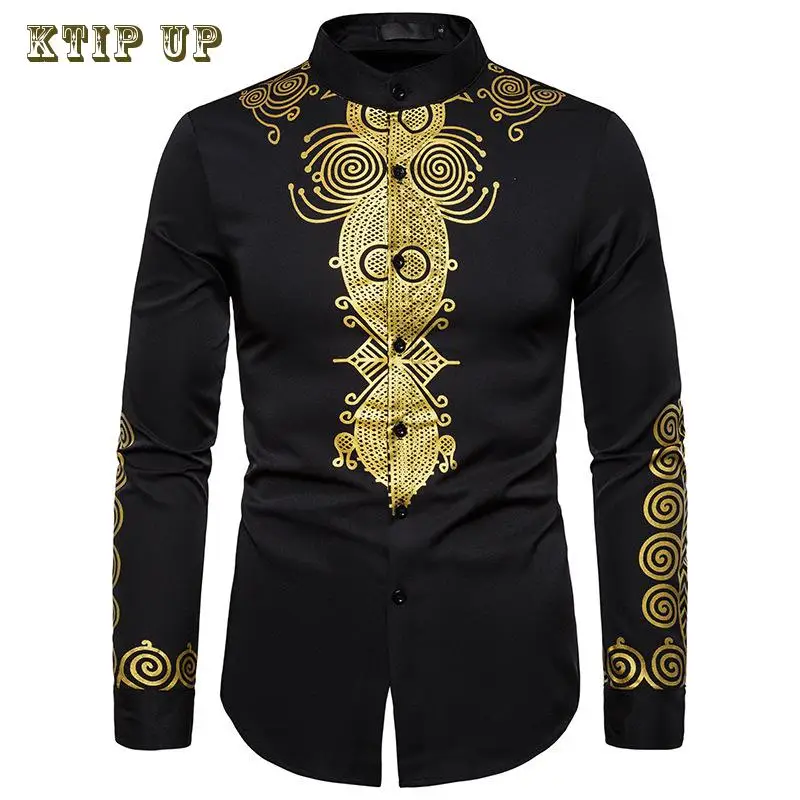 Men\'s Gold Floral Print Henley Shirt, Ethnic Style, Stand Collar, African Dashiki, Islamic Long Tops, Casual, Luxury