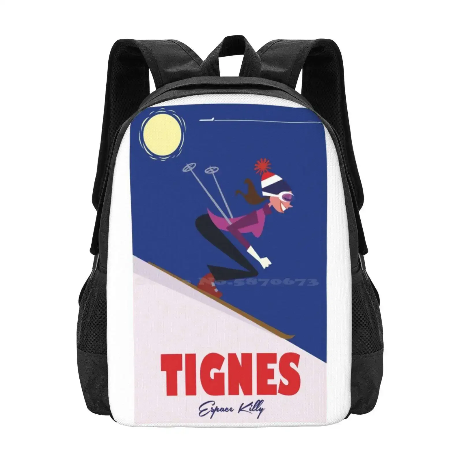 

Tignes Poster Hot Sale Schoolbag Backpack Fashion Bags Tignes France Skiing Espace Killy Skier Female Downhill Slope Alps Alpes