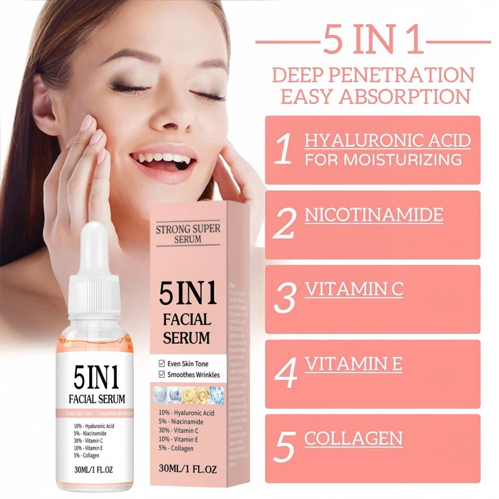 5 em 1 para reduzir linhas finas, hidratar, nutrir, firmes, essência facial, iluminar, vitamina C, ácido hialurônico, rosto Ess